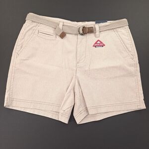 ST JOHN'S BAY Women's Belted Shorts Comfort Waist Khaki Stripe Stretch - Size 8